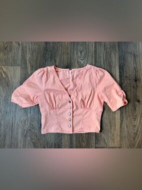 Free People Twice As Nice Peach Crop Button-Up Puff Sleeve Cotton Blouse Size 10